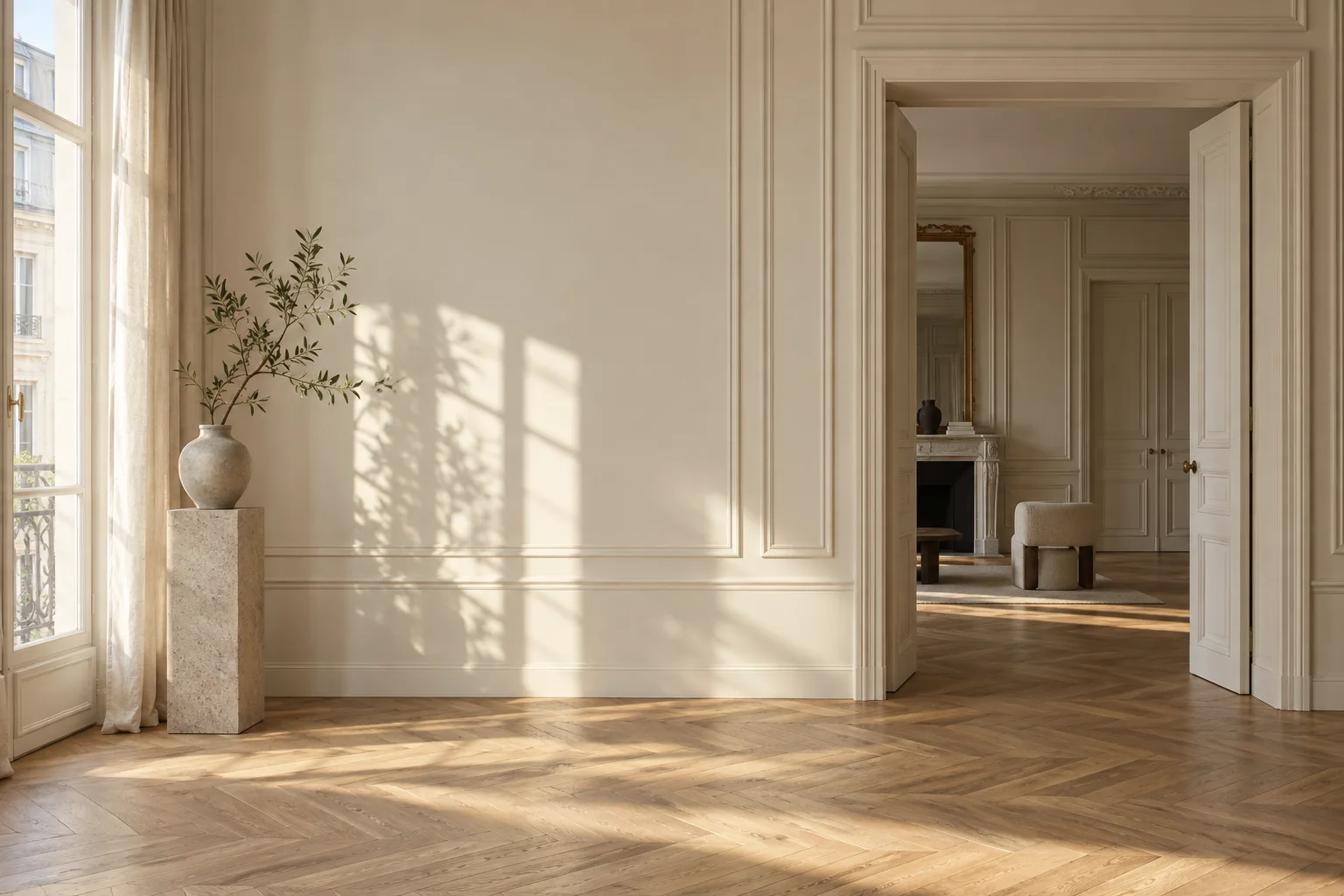 Illustration IA d’un intérieur aux murs pierre claire et parquet en chevrons