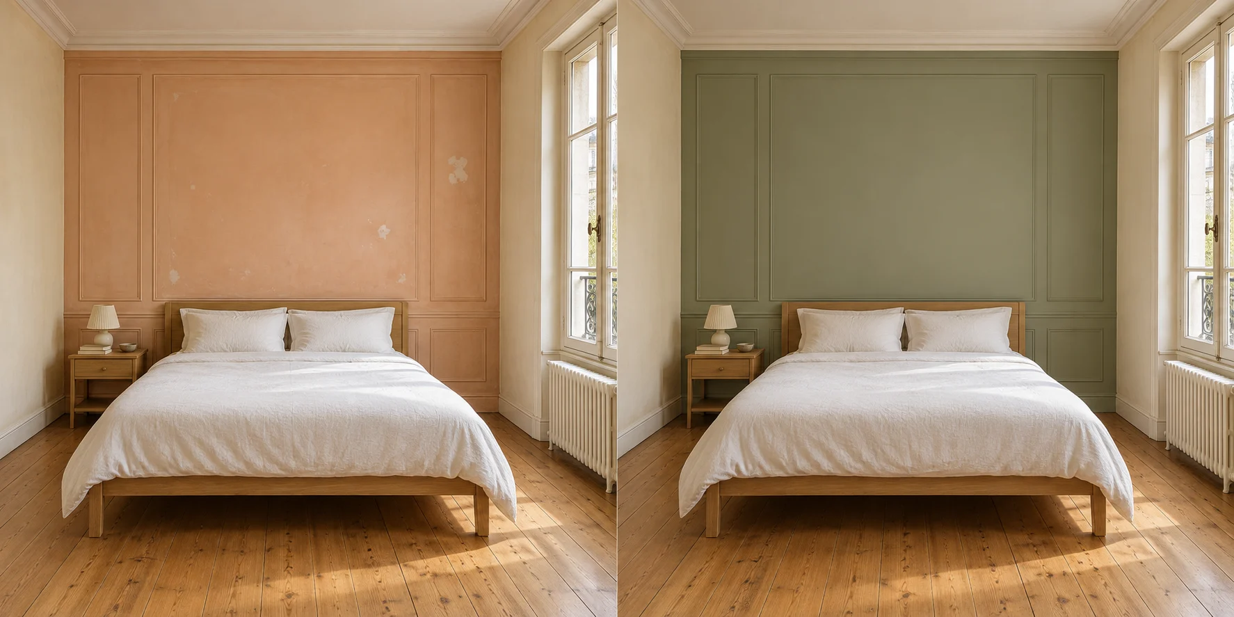 Simulation de la même chambre avant et après une mise en peinture vert sauge
