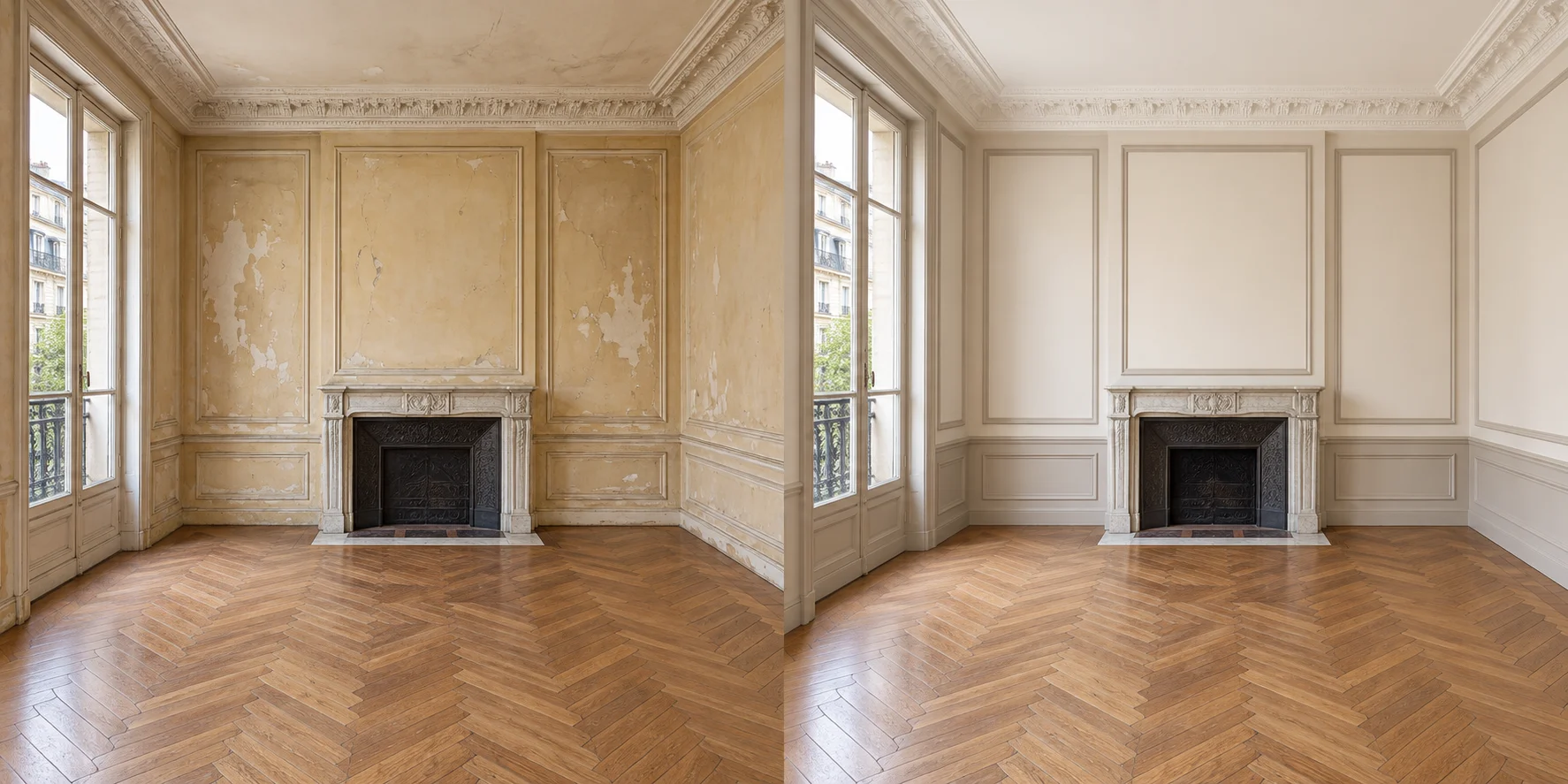 Simulation du même salon ancien avant et après une mise en peinture ivoire